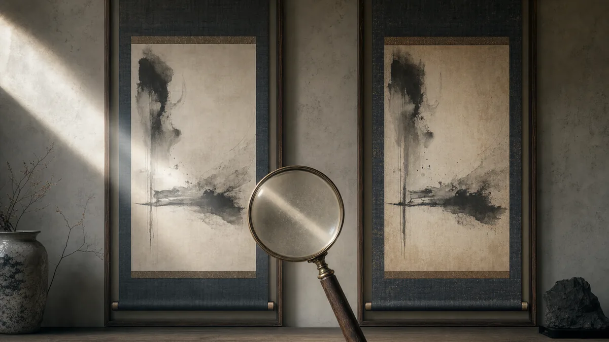 ほとんど同じに見える二幅の掛け軸が並び、その手前に虫眼鏡が浮かぶ——真贋の見分けの難しさを思わせる、墨と藍の静かなイラスト